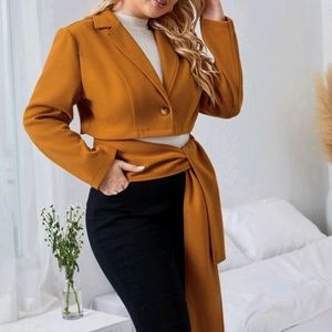 NEW Plus Size Single Button Lapel Neck Tie Crop Overcoat.
